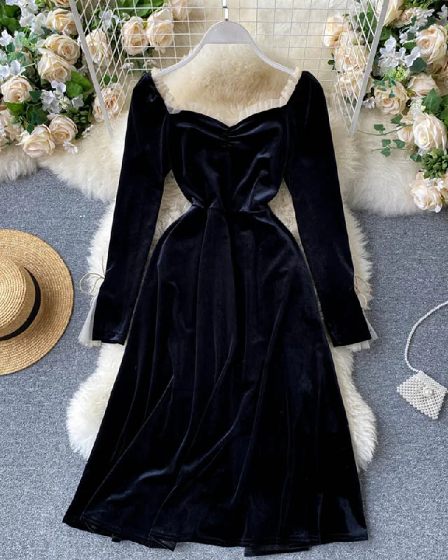 Formal Elegant Long Sleeves DressBlack velvet long sleeve dress  1021