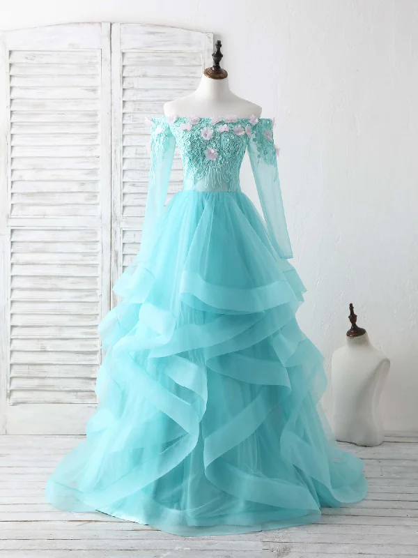 flowy prom dressesGreen Tulle Lace Applique Long Prom Dress Green Graduation Dresses