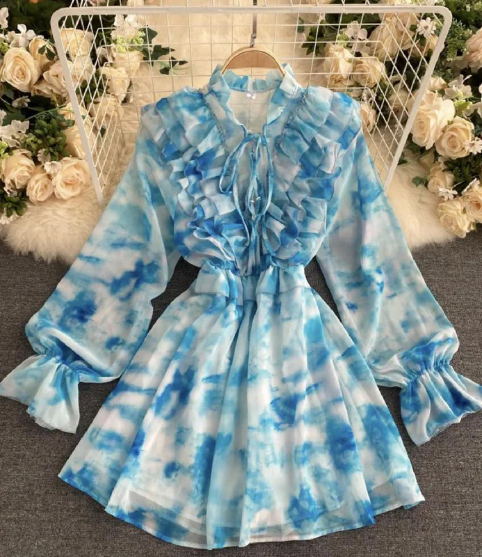 Flowing Long Sleeves DressBlue A line long sleeve dress fashion dress 649