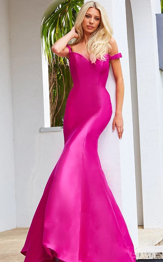 pastel prom dressesJVN3245 Fuchsia Off the Shoulder Mermaid Prom Dress