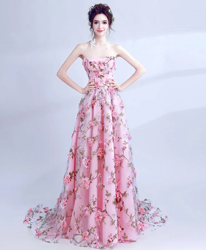 prom dress accessoriesPink Tulle 3D Flowers Long Prom Dress, Pink Long Graduation Dresses