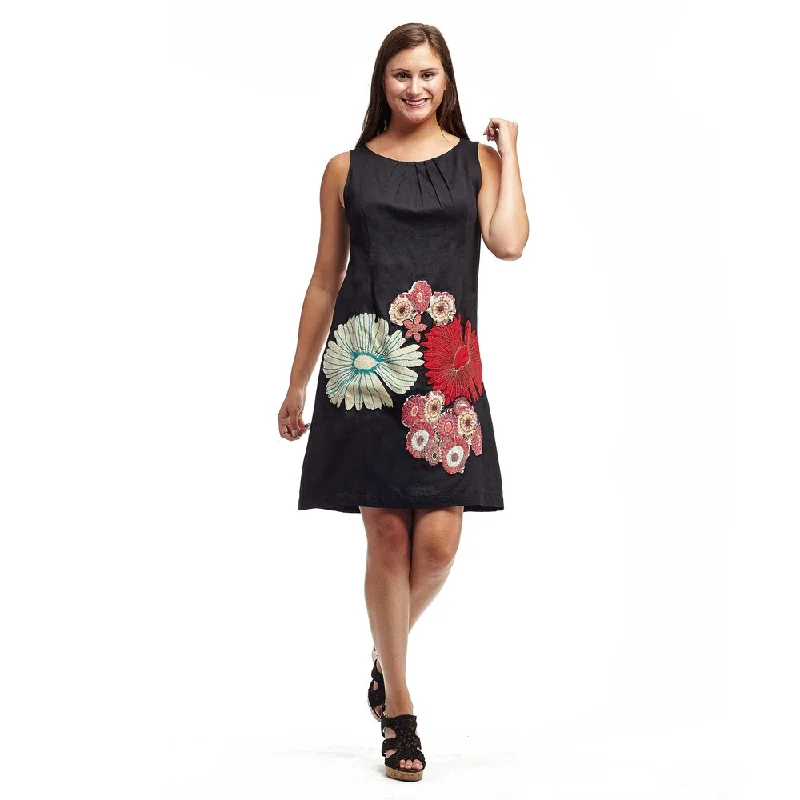 Sleeveless Dress GlamourLa Cera Women's Appliqued Sleeveless Round Neck Dress