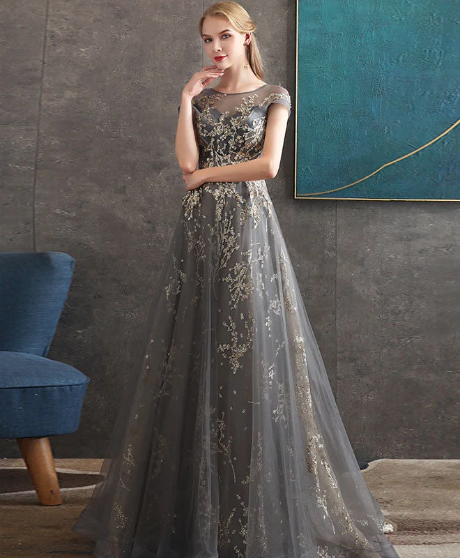 classic prom dressesGray Round Neck Tulle Lace Long Prom Dress Gray Tulle Formal Dress