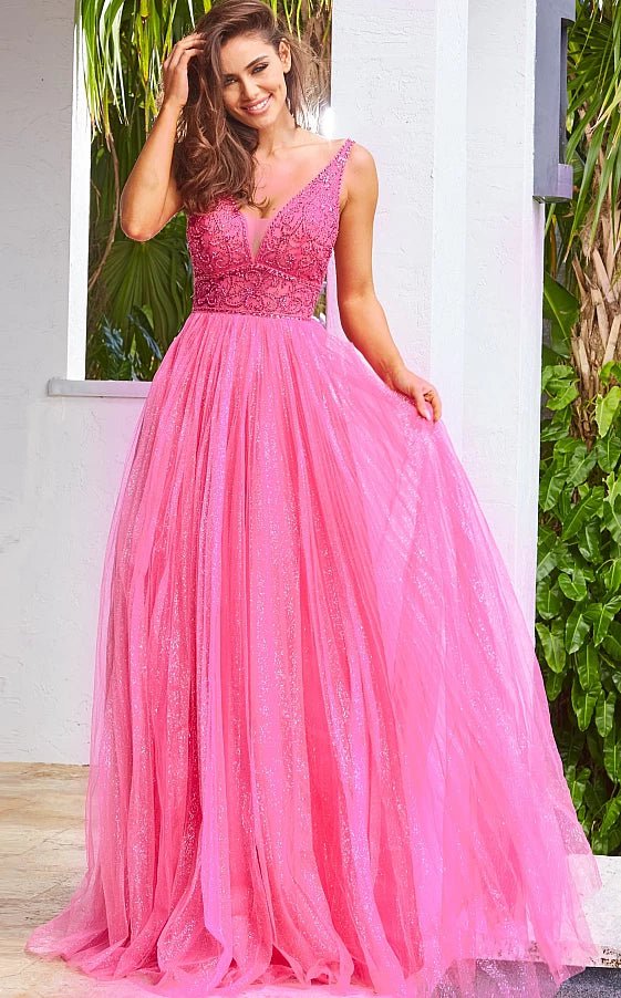 prom dress cleaningJVN05818 Fuchsia Tulle Skirt Sleeveless Prom Gown