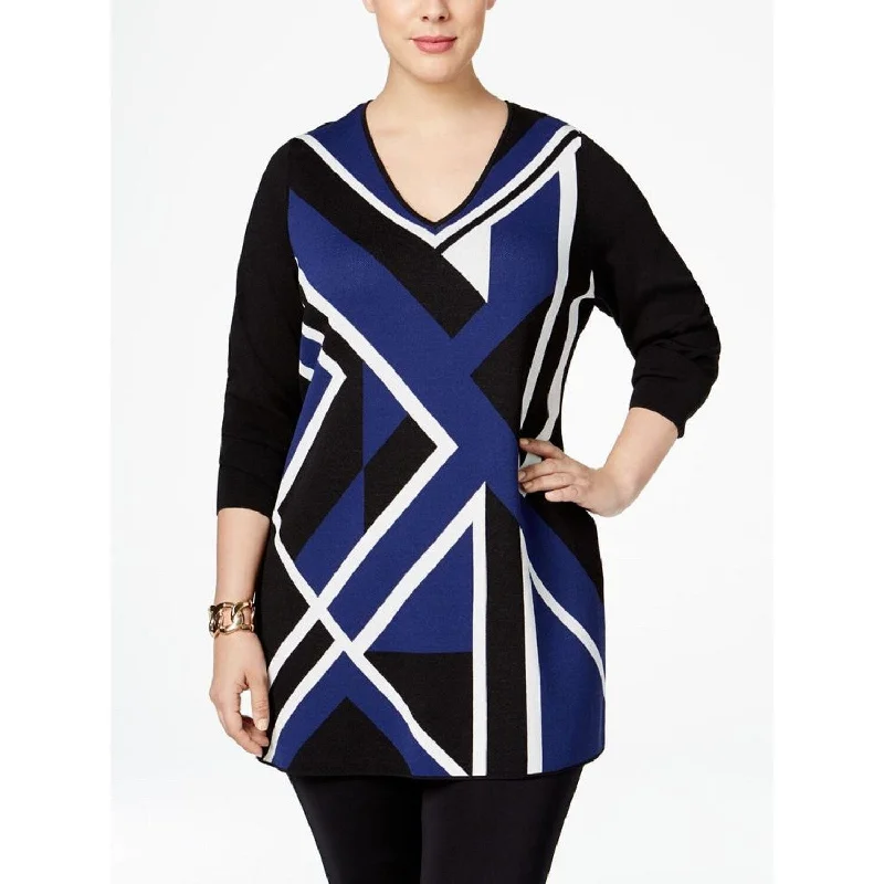 Fitted Long Sleeves High-Low DressINC International Concepts Geometric Long Sleeve V Neck Sheath Dress, Blue, Size M - Blue - Medium