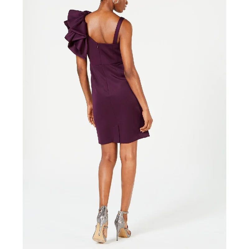 Sleevedless Dress DesignNightway Women's Embellished Ruffled Sleeveless Asymmetrical Neckline Above The Knee Sheath Cocktail Dress Purple Size 8