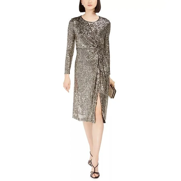 Flexible Long Sleeves Tunic DressTaylor Women's Dresses Stretch Sequin Twist Front Long Sleeve Dress Gold Size 10