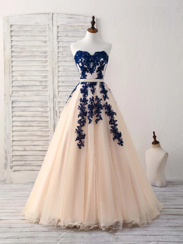 prom dresses for tall girlsElegant Sweetheart Tulle Lace Applique Blue Long Prom Dresses