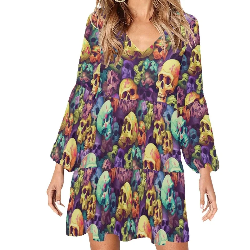 Funky Long Sleeves DressWomen's Skull Autumn Colors Long Sleeve V-Neck Loose Fit Dress