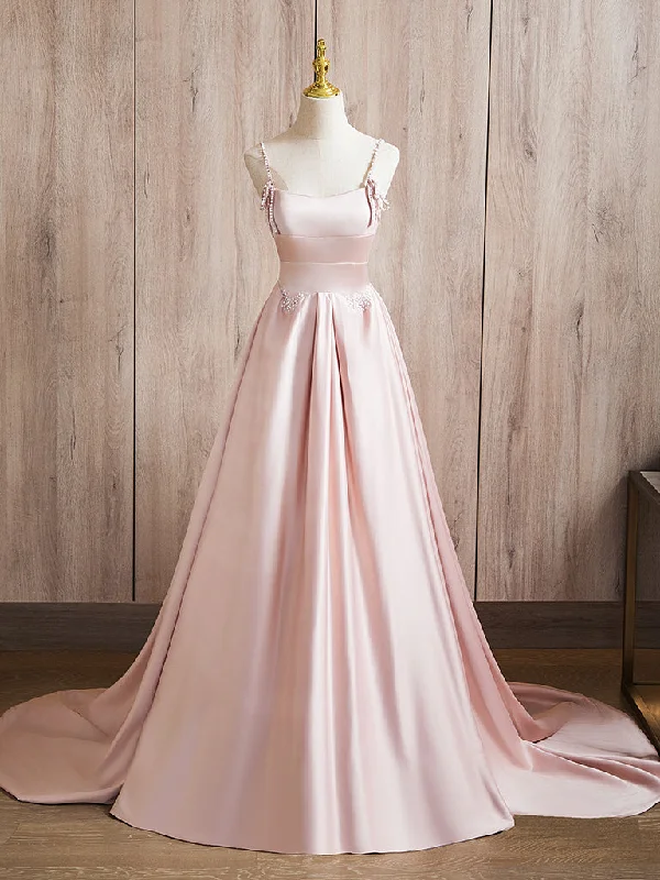 illusion neckline prom dressesA-Line Beads Satin Pink Long Prom Dress, Pink Long Formal Dress