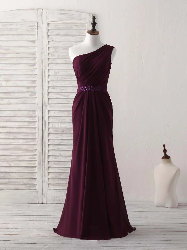 prom dresses for plus-size figuresBurgundy One Shoulder Chiffon Mermaid Long Prom Dresses