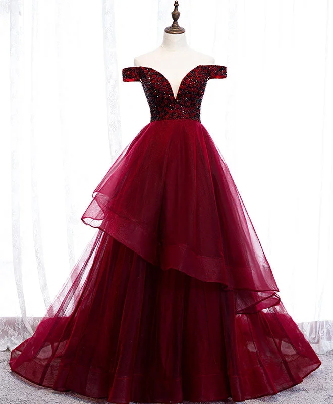 sparkly prom dressesBurgundy Sweetheart Off Shoulder Tulle Long Prom Dress Tulle Formal Dress