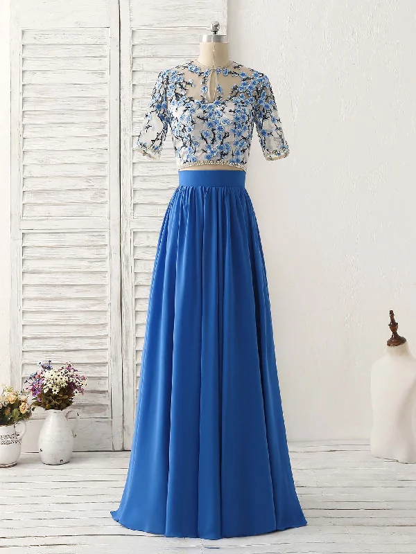 prom dress accessoriesUnique Blue Two Pieces Long Prom Dress Applique Formal Dress