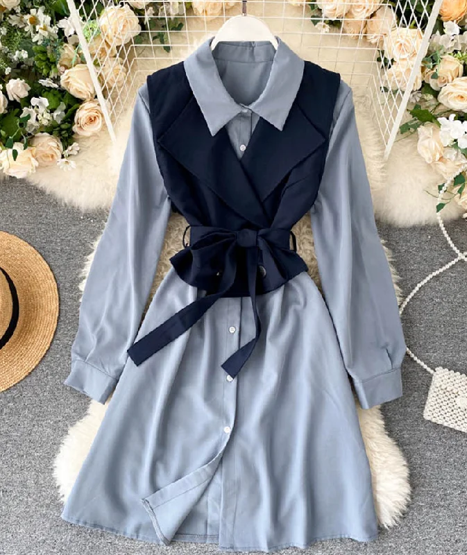 Flowery Long Sleeves DressFashionable vest + long sleeve shirt dress two pieces suit  1025