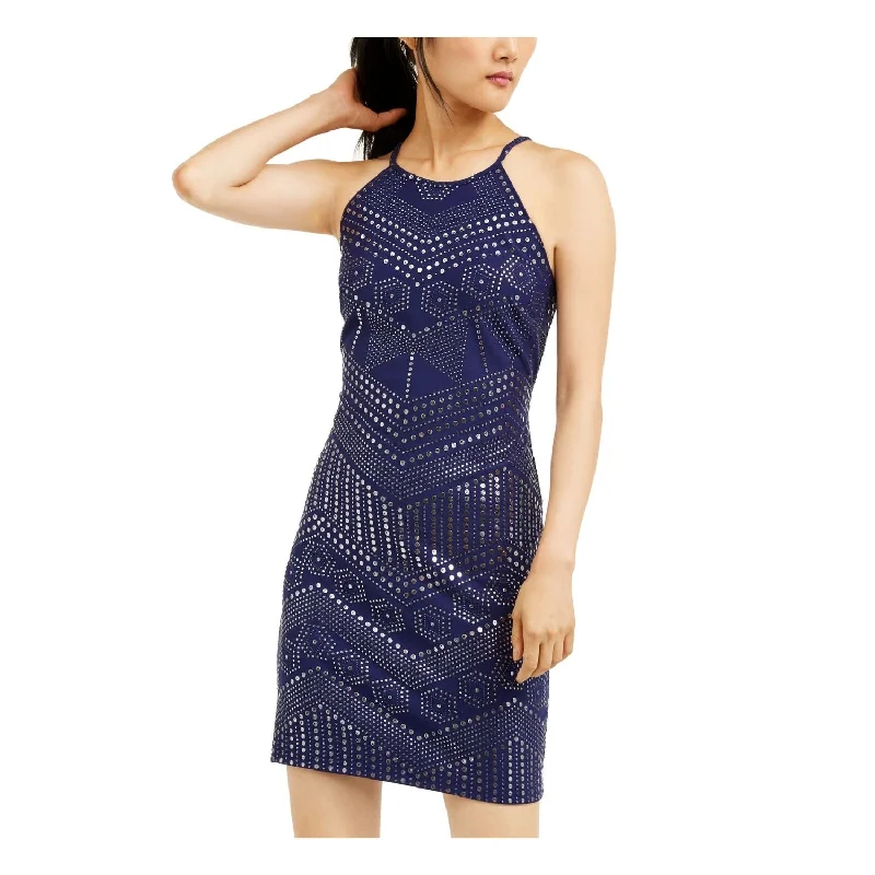 Sleeveless Dress With Backless DesignJump Women's Studded Sleeveless Halter Short Sheath Cocktail Dress Blue Size Small