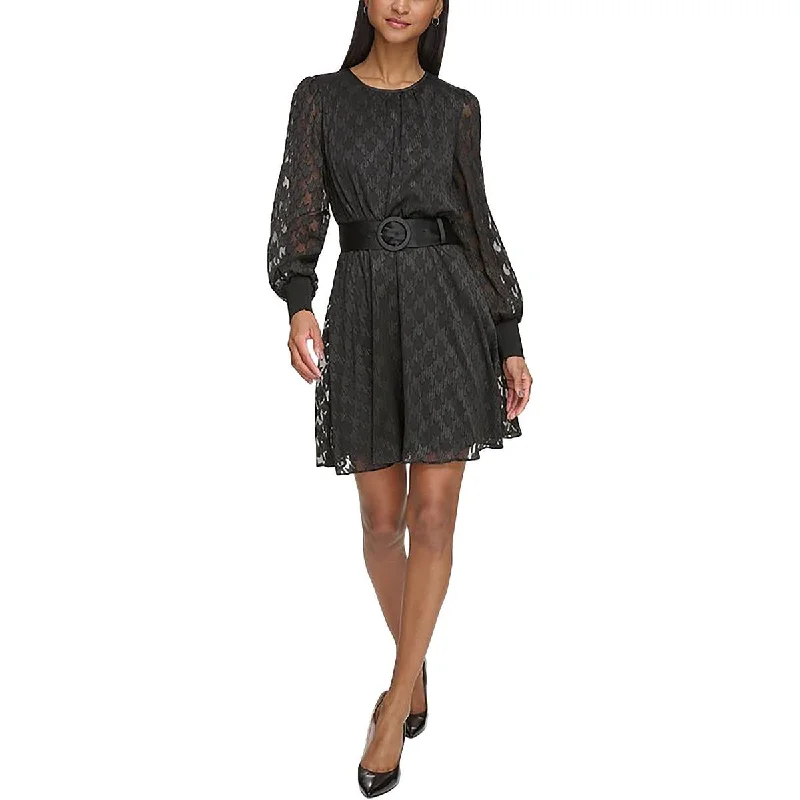 Flowing Chiffon Long Sleeves DressKarl Lagerfeld Paris Womens Long Sleeve Metallic Fit & Flare Dress