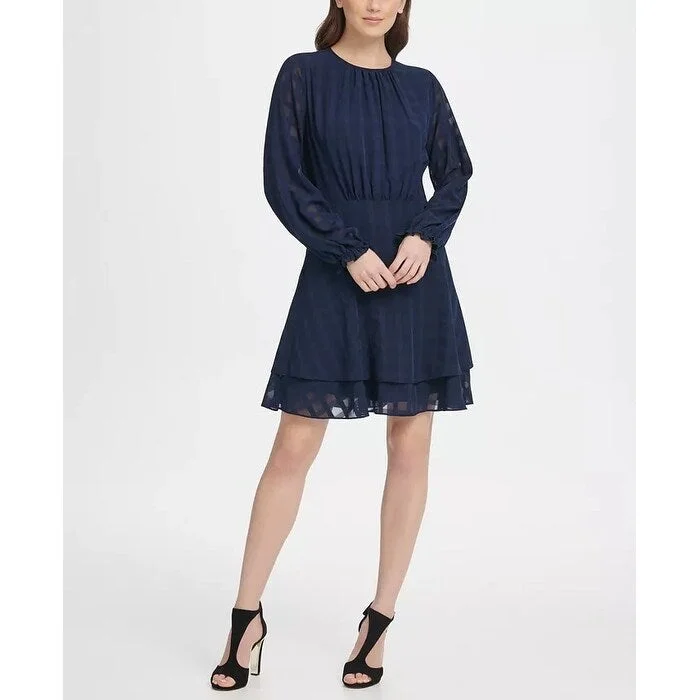 Flexible Stretch Long Sleeves DressDKNY Women's Long Sleeve Double Layer Skirt Check Dress Blue Size 10