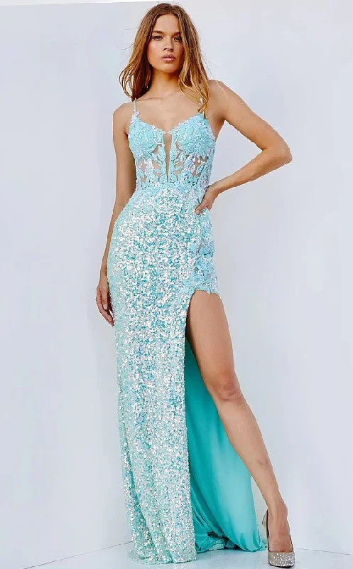 prom dresses for fallJVN24299 Aqua Illusion Bodice Plunging Neck Prom Dress