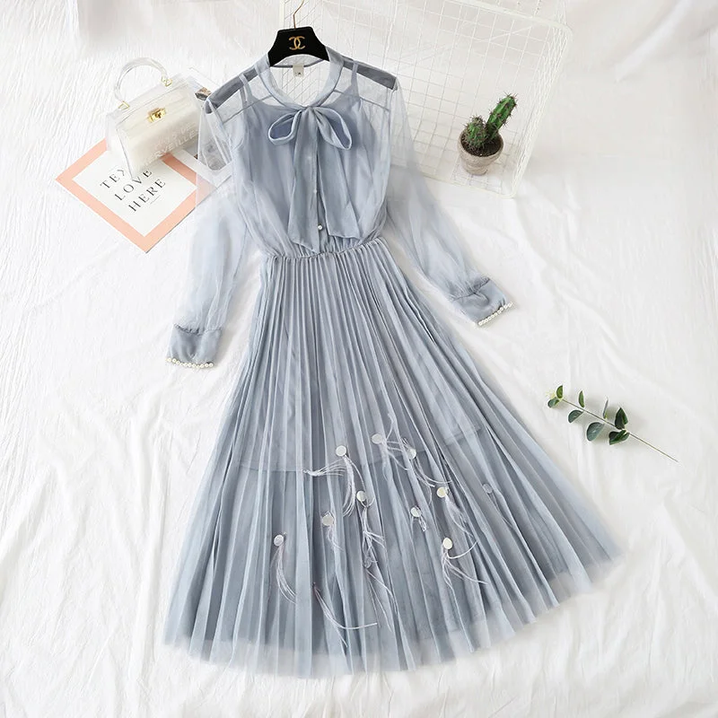 Flowing Chiffon Long Sleeves DressDress feather nail bead long sleeve suspender bottomed skirt French girl long skirt  2286