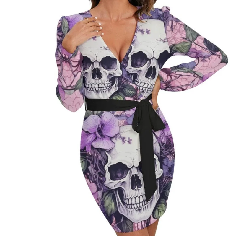 Fitted Long Sleeves Peplum Midi DressWomen's Purple Floral Skulls Long Sleeve Dress With Waist Belt