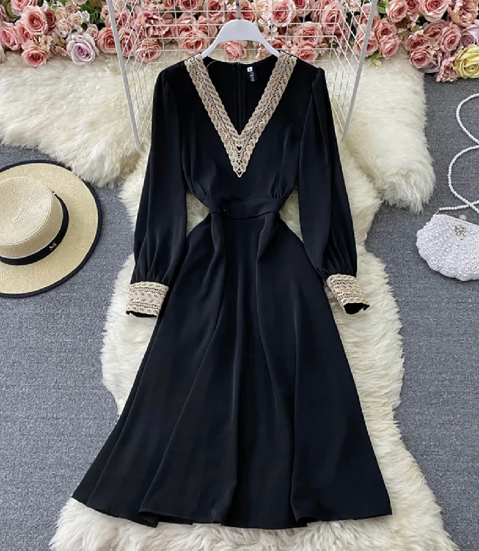 Full-Length Long Sleeves Mermaid DressElegant v neck lace long sleeve dress black dress  854