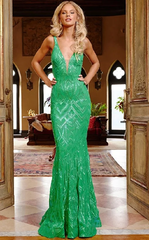 prom dress alterationsJovani 23027 Green Low V Neck Sheath Prom Dress