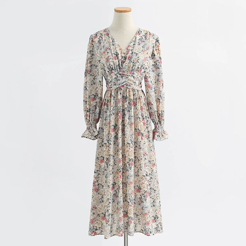 Fancy Long Sleeves DressLong sleeve floral dress long fairy French Vintage Chiffon  2430