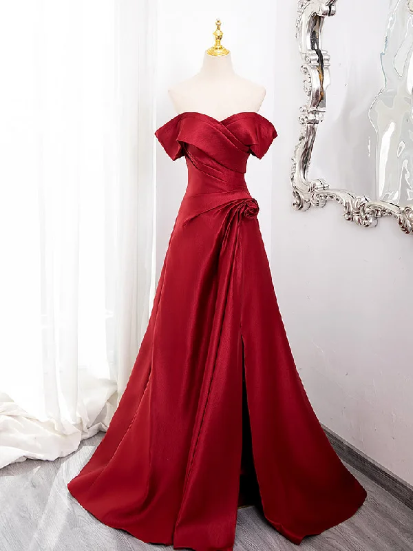 animal print prom dressesA-Line Off Shoulder Satin Burgundy Long Prom Dress, Burgundy Long Formal Dress