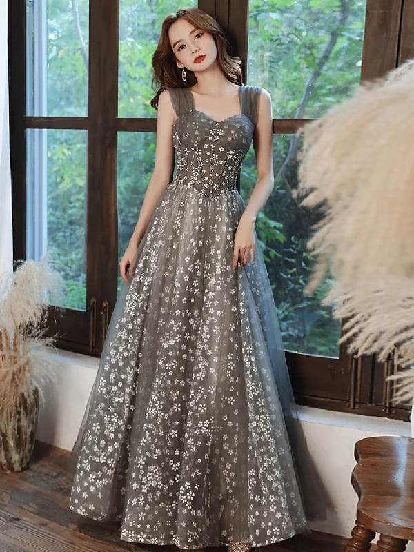 fitted prom dressesAline Sweetheart Neck Tulle Gray Long Prom Dresses, Gray Graduation Dresses With Beading