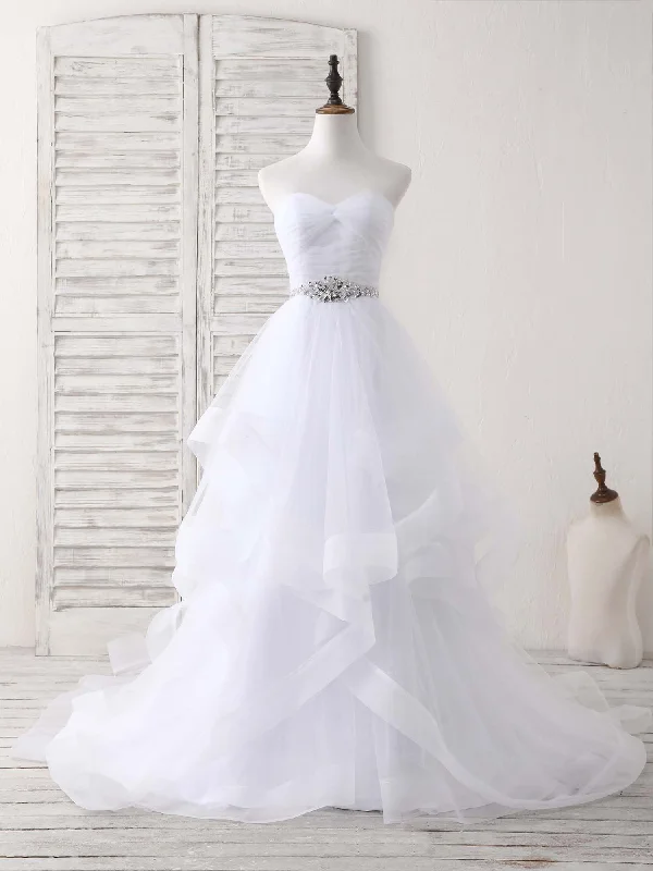 luxury prom dressesWhite Sweetheart Neck Tulle Long Prom Dress, White Formal Graduation Dress