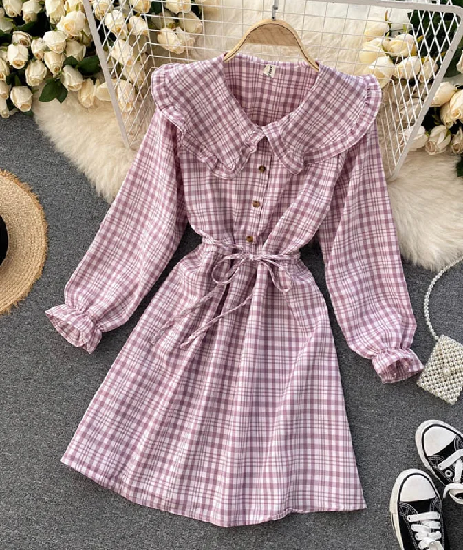 Flirty Long Sleeves DressCute A line plaid dress long sleeve dress  1030