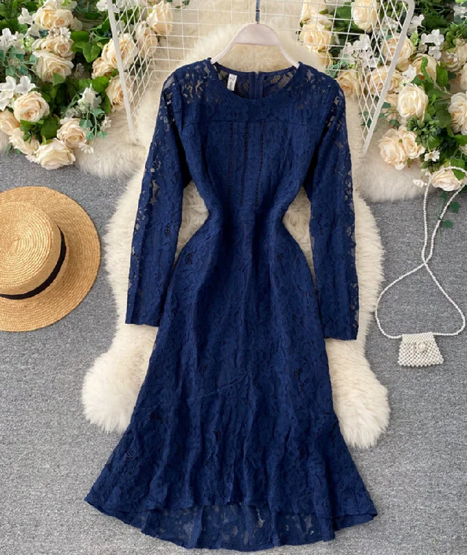 Fuzzy Knitted Long Sleeves DressBlue round neck lace short dress long sleeve dress  955