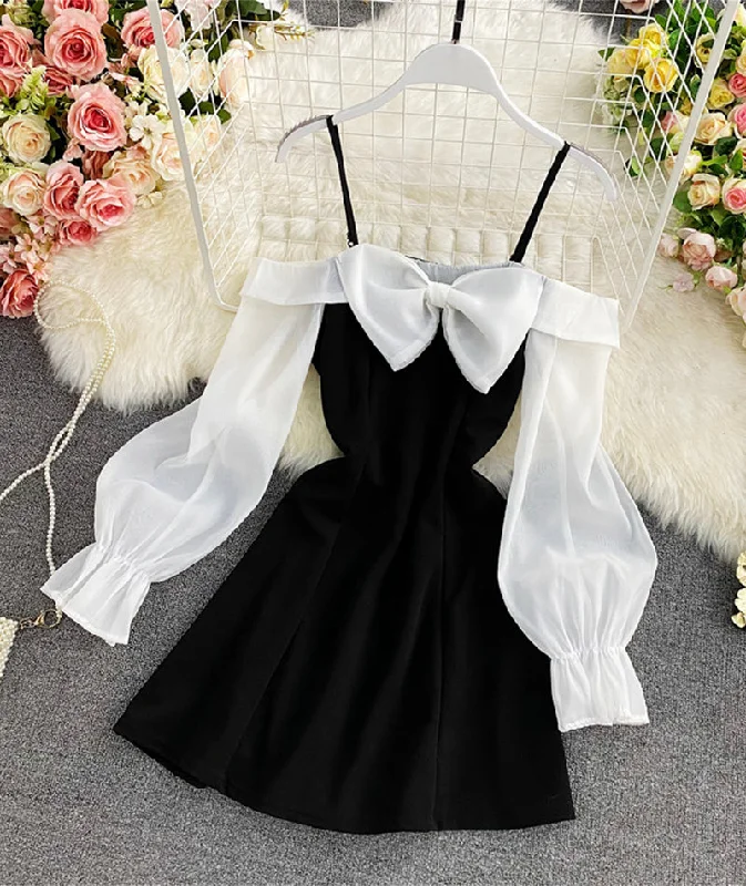 Fuzzy Long Sleeves Mother of the Bride DressCute bow short dress long sleeve dress  921