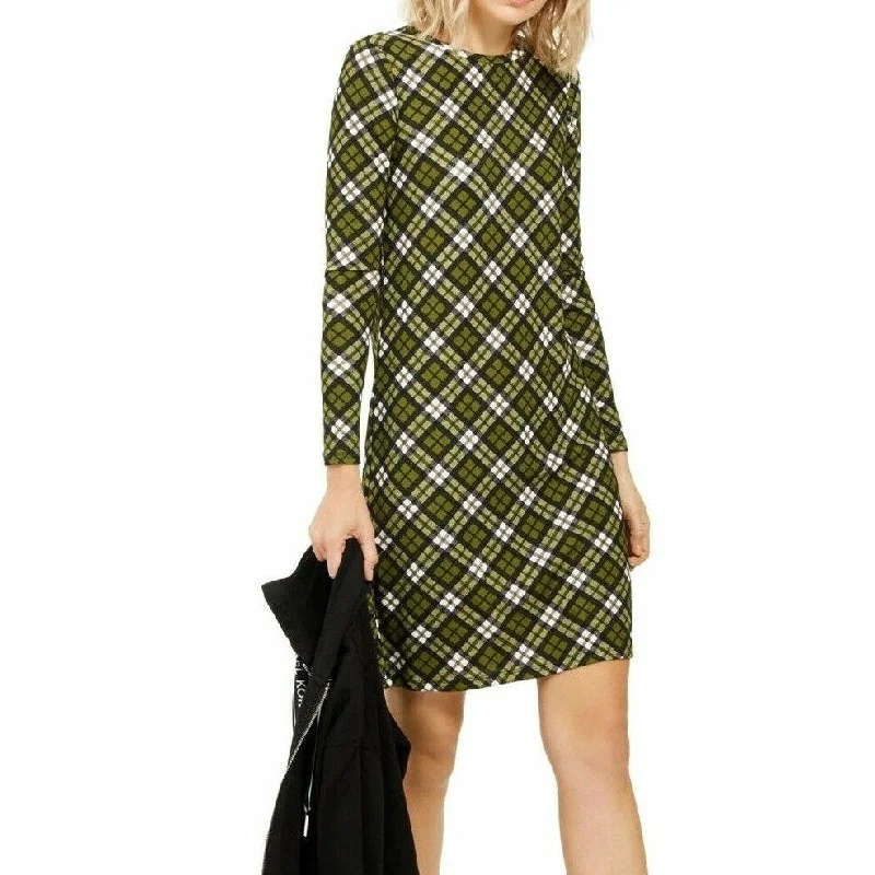 Fashionista Long Sleeves DressMichael Kors Womens Green Plaid Long Sleeve Knee Length Shift Dress Size: S Green Size Small