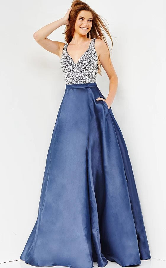 prom dresses with built-in petticoatsJVN08473 Navy Embellished Bodice V Neck Prom Ballgown