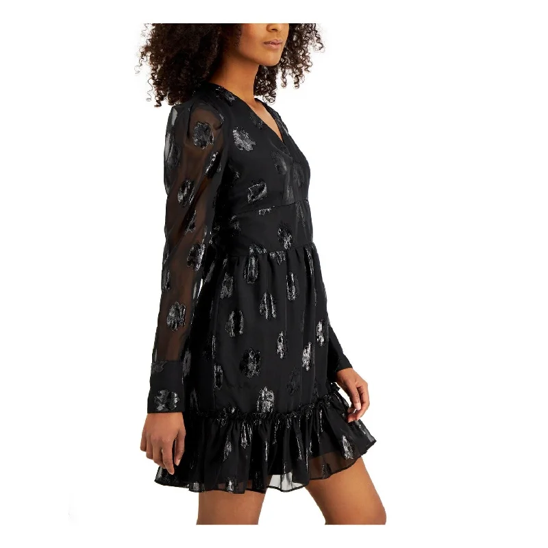 Fitted Floral Long Sleeves DressBar Iii Women's Embellished Keyhole Back Long Sleeve V Neck Short Fit Flare Dress Black Size Small