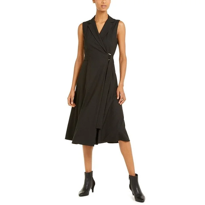 Sleeveless Dress HomecomingMarella Womens Black Pinstripe Sleeveless V Neck Below the Knee Fit Flare Dress 4