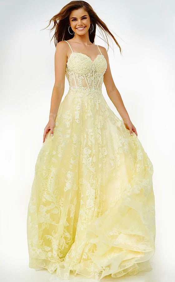 cap sleeve prom dressesJVN06474 Yellow Corset Bodice A Line Prom Gown