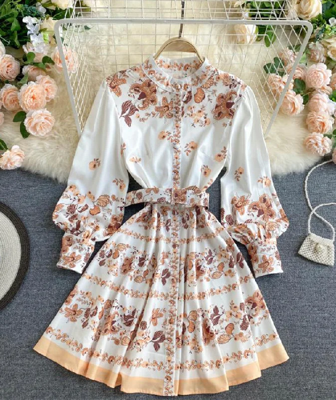 Fitted Long Sleeves DressRetro print slim long sleeve dress  1031