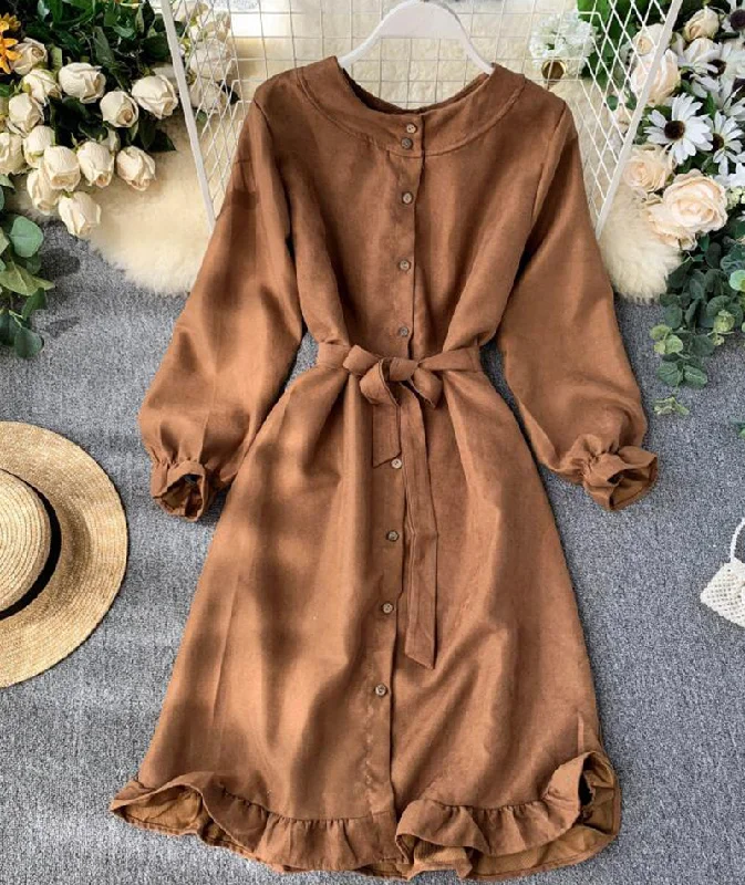 Full-Length Long Sleeves Formal GownLong sleeve ruffle hem button down dress  1317