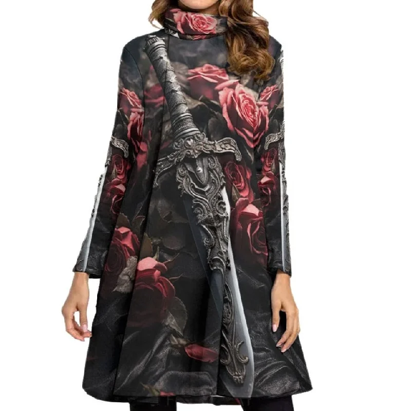 Formal Long Sleeves DressWomen's Gothic Sword And Pink Roses High Neck Dress With Long Sleeve