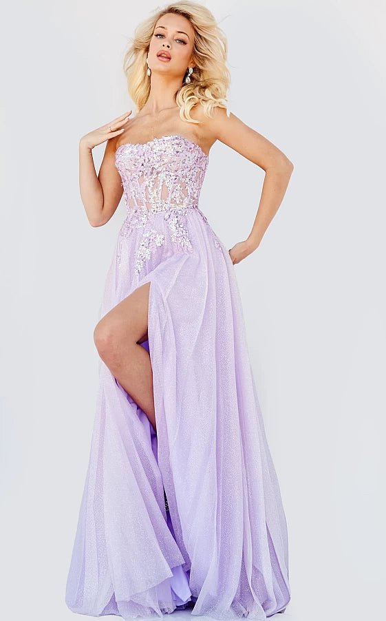 backless prom dressesJVN07434 Lavender Strapless Tie Back Prom Gown