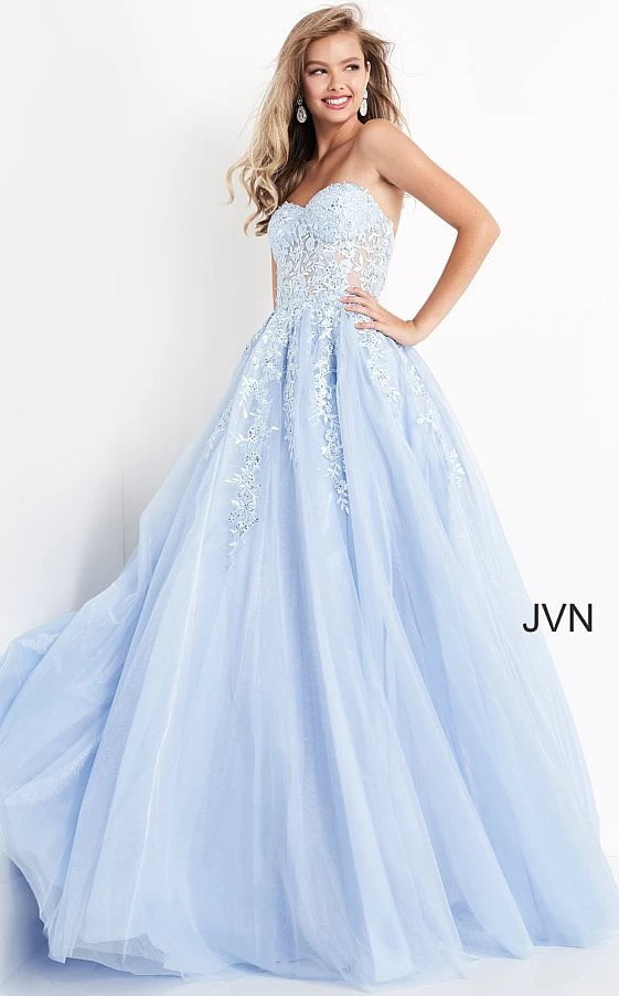 petite prom dressesJVN00915 Light Blue Strapless Embroidered Prom Ballgown