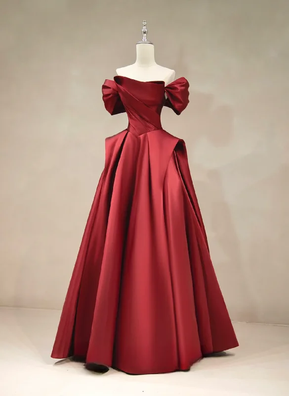 floral prom dressesA-Line Off Shoulder Satin Burgundy Long Prom Dress, Burgundy Long Formal Dress