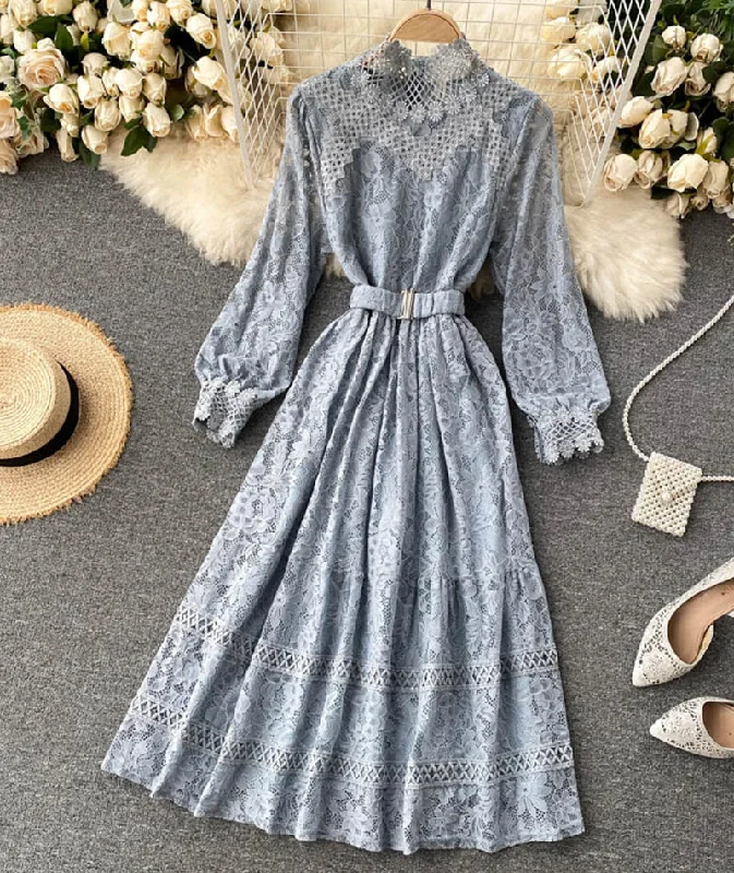 Funky Print Long Sleeves DressElegant O-neck lace long sleeve dress  970