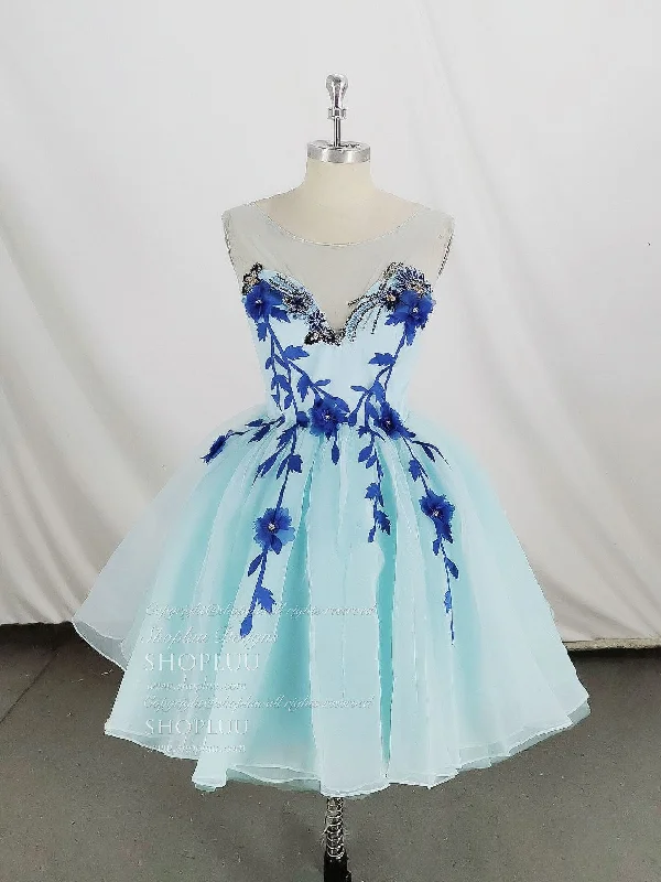 prom dresses for summerCute Round Neck Tulle Lace Short Prom Dress, Blue Homecoming Dress