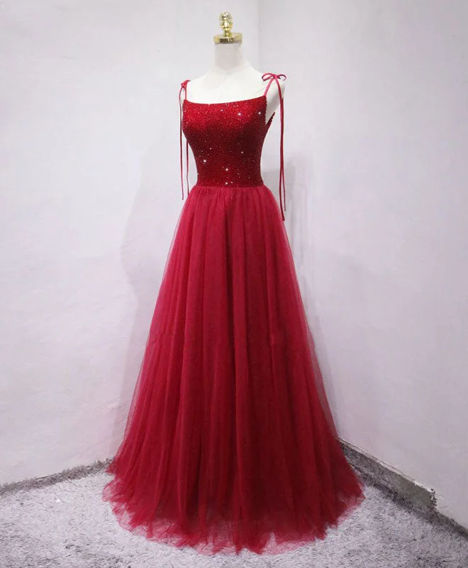 cap sleeve prom dressesBurgundy tulle beads long prom dress, burgundy tulle formal dress