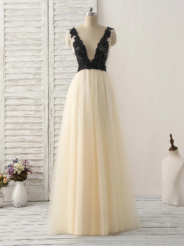 vintage prom dressesLight Champagne V Neck Beads Tulle Long Prom Dress, Champagne Formal Dress