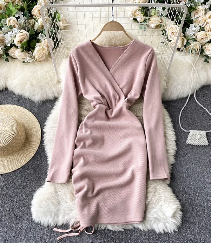 Formal Long Sleeves Bodycon DressStylish v neck long sleeve dress short dress  848