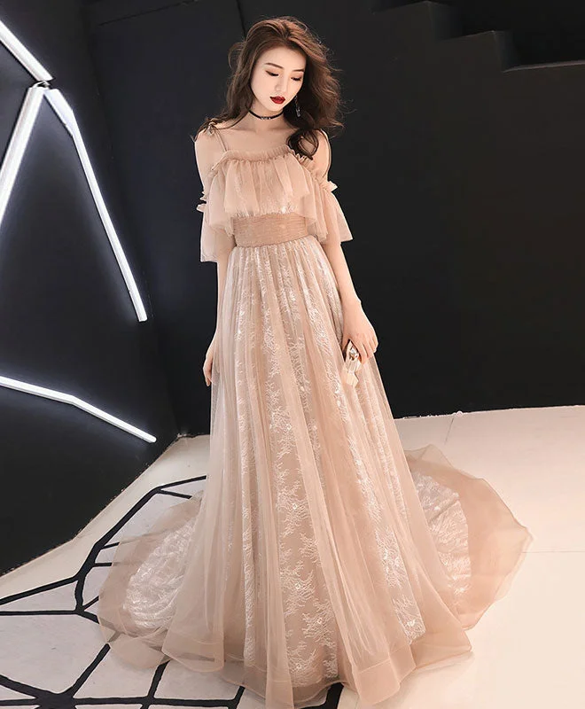 sweetheart neckline prom dressesChampagne Tulle Lace Long Prom Dress Champagne Tulle Lace Formal Dress